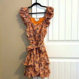 Cleobella ruffle dress. Size L. Tangerine orange and navy blue floral print.